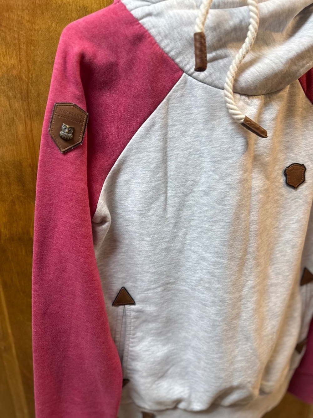 Naketano Brave New Word Cowl Neck Hoodie Size L Gray Pink Raglan Pullover